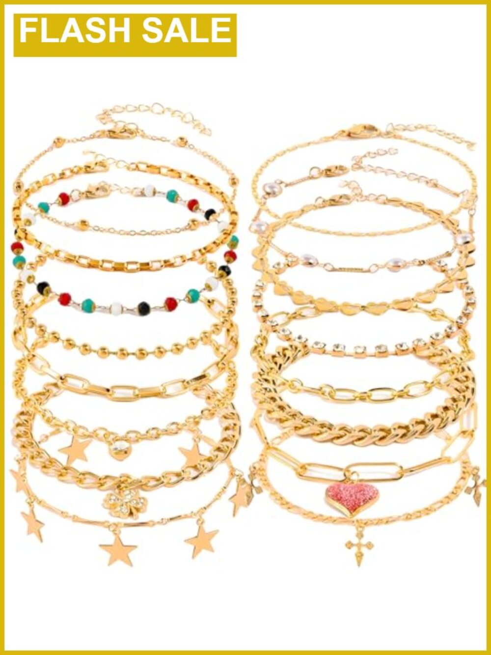 16 Piece Anklet Bracelet Set for Women Cuban Chain Heart Beads Mixed Styles